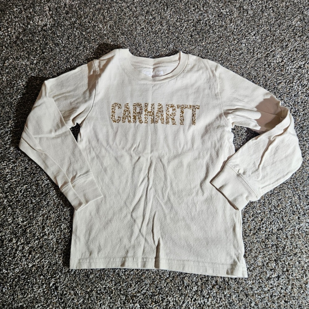 Carhartt Kids Long Sleeve Graphic T-Shirt Cream Animal Camo Logo Size 6